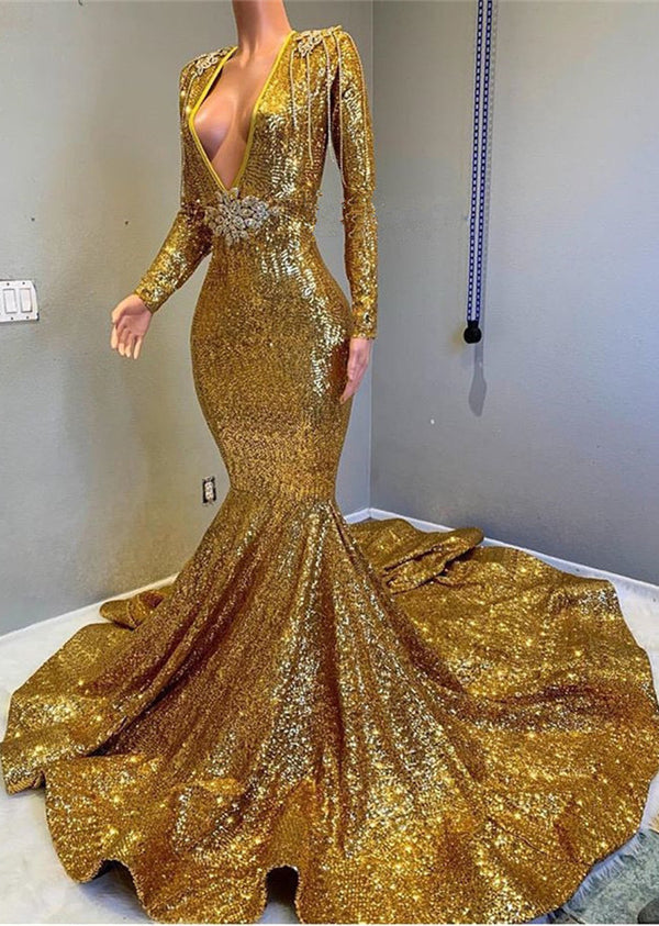 Mermaid Prom Dress with Applique Gold Long Sleeves V-Neck
