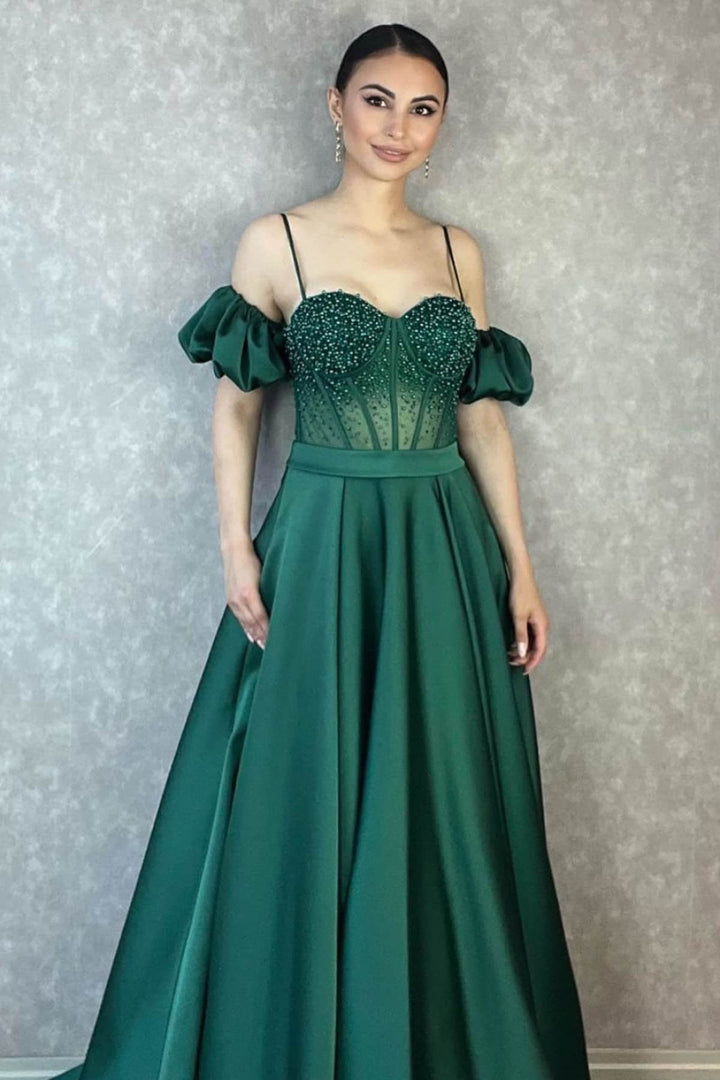 Off-The-Shoulder Spaghetti-Straps Evening Dress With Beadings