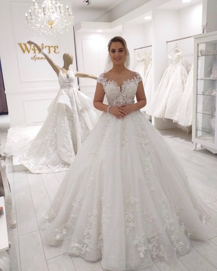 Bmbride A-Line Crew Appliques Lace Ruffles Tulle Floor-length Wedding Dress