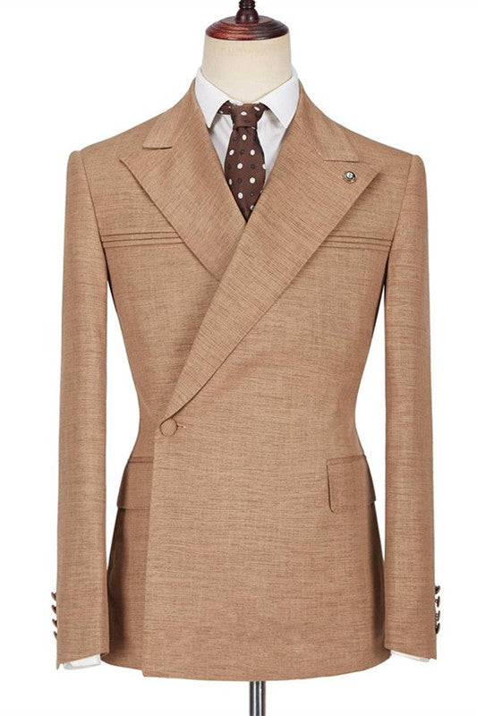 Koscy Gentle Brown Peaked Lapel Prom Suit with Ruffles