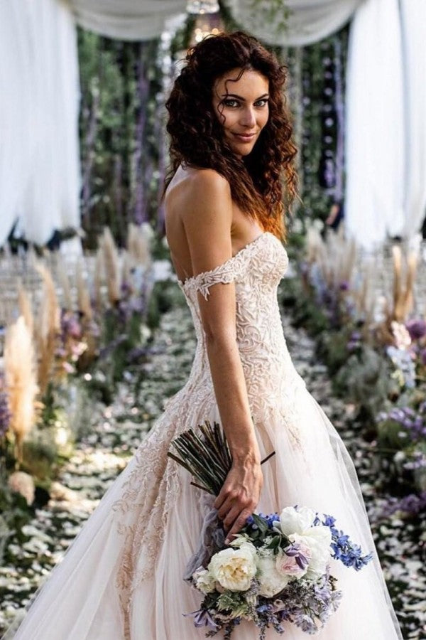 Bmbride Vintage Long A-line Off-the-shoulder Lace Tulle Wedding Dress