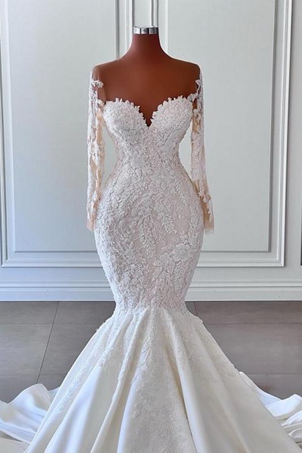 Bmbride Elegant White Long Mermaid Sweetheart Satin Lace Wedding Dresses with Sleeves