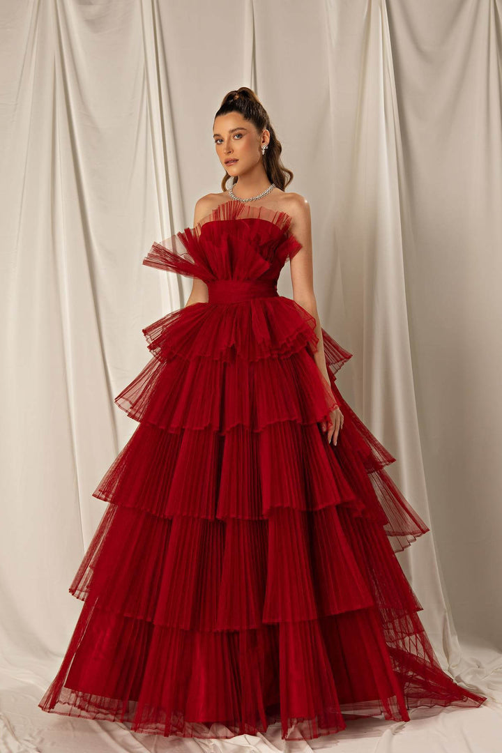 Online Burgundy Strapless Mermaid Sleeveless Layers Evening Dress