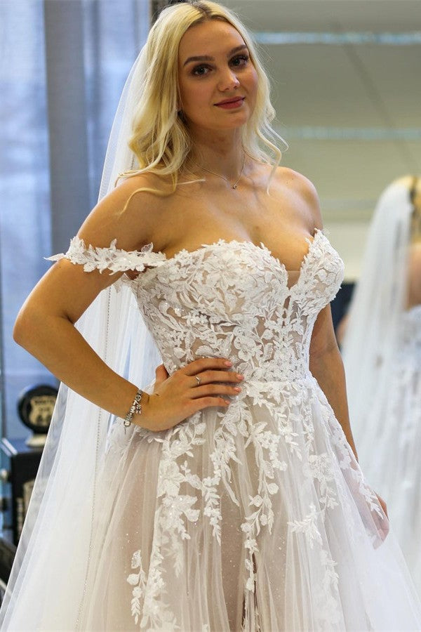 Bmbride Modern Long A-line Off the Shoulder Tulle Lace Wedding Dress with Slit