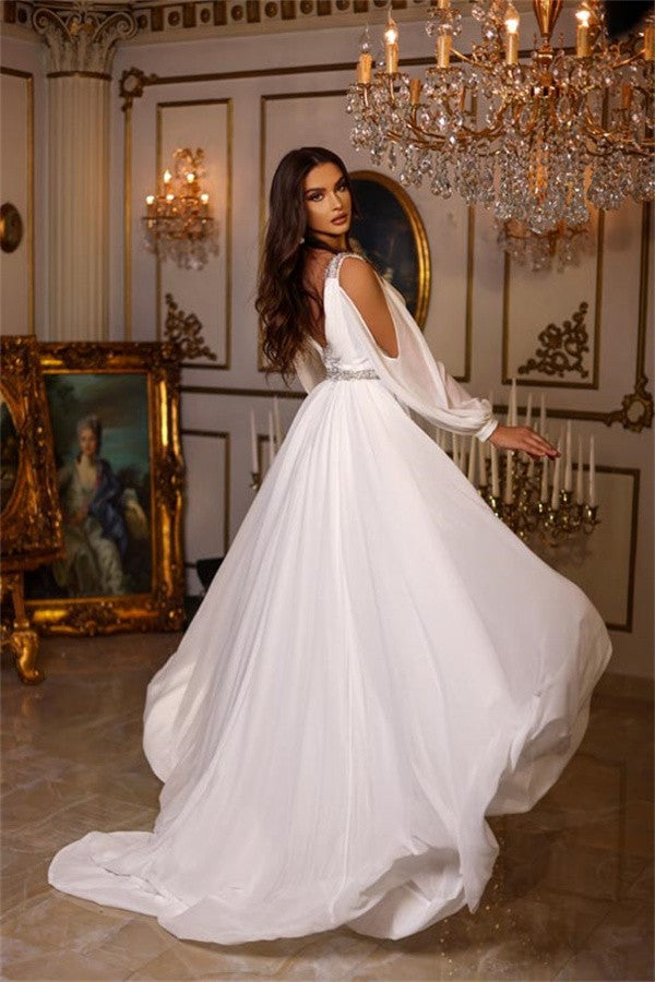 Bmbride Long A-line V-neck Chiffon Backless Wedding Dresses with Sleeves – Beautiful
