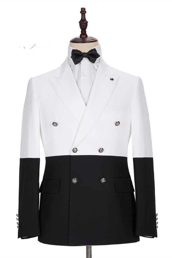 Koscy Classic White and Black Double-Breasted Wedding Blazer for Groom