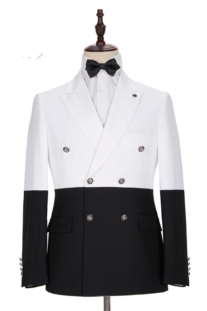 Koscy Classic White and Black Double-Breasted Wedding Blazer for Groom