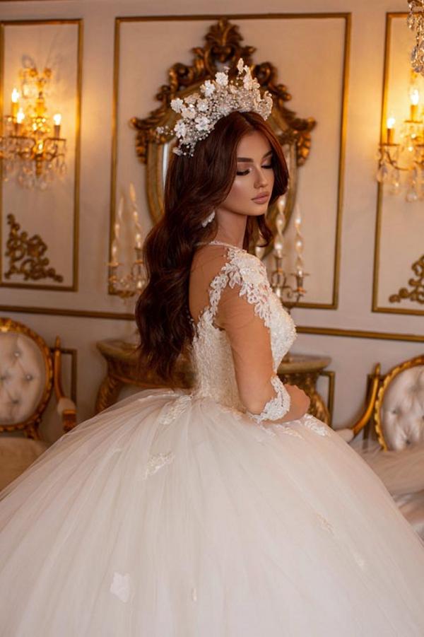 Bmbride Ball Gown Sweetheart Tulle Lace Open Back Wedding Dresses with Sleeves