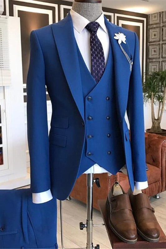 Koscy Modern Blue Evening Suit with Peaked Lapel and Three Pieces