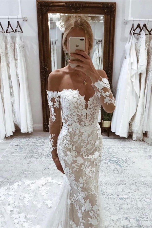 Bmbride Garden A-line Lace Wedding Dress with Appliques Long Sleeves