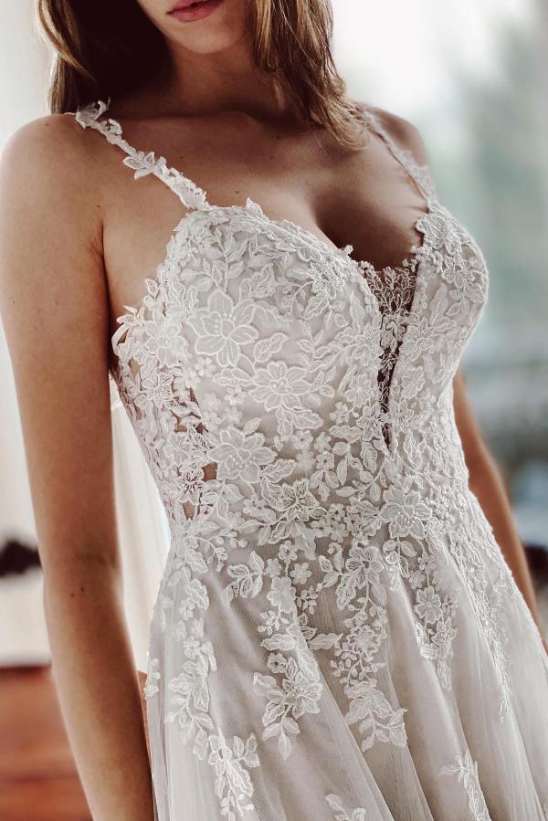 Bmbride Long A-line Sweetheart Tulle Lace Wedding Dress with Slit
