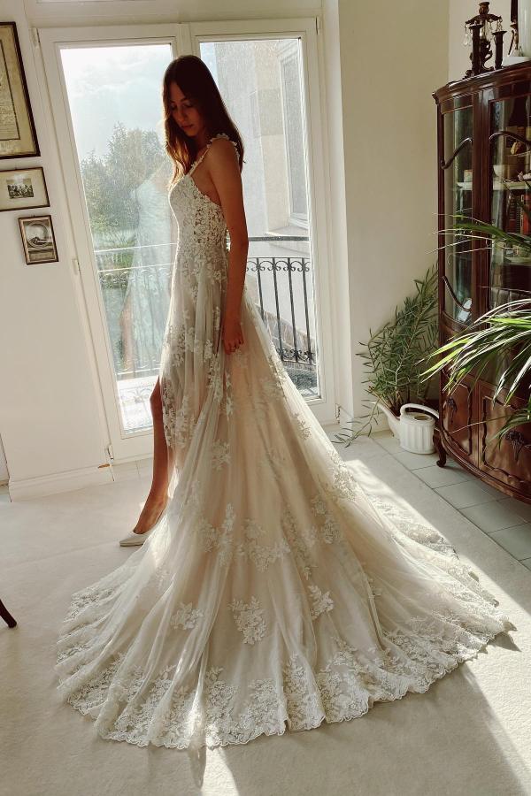 Bmbride Long A-line Sweetheart Tulle Lace Wedding Dress with Slit