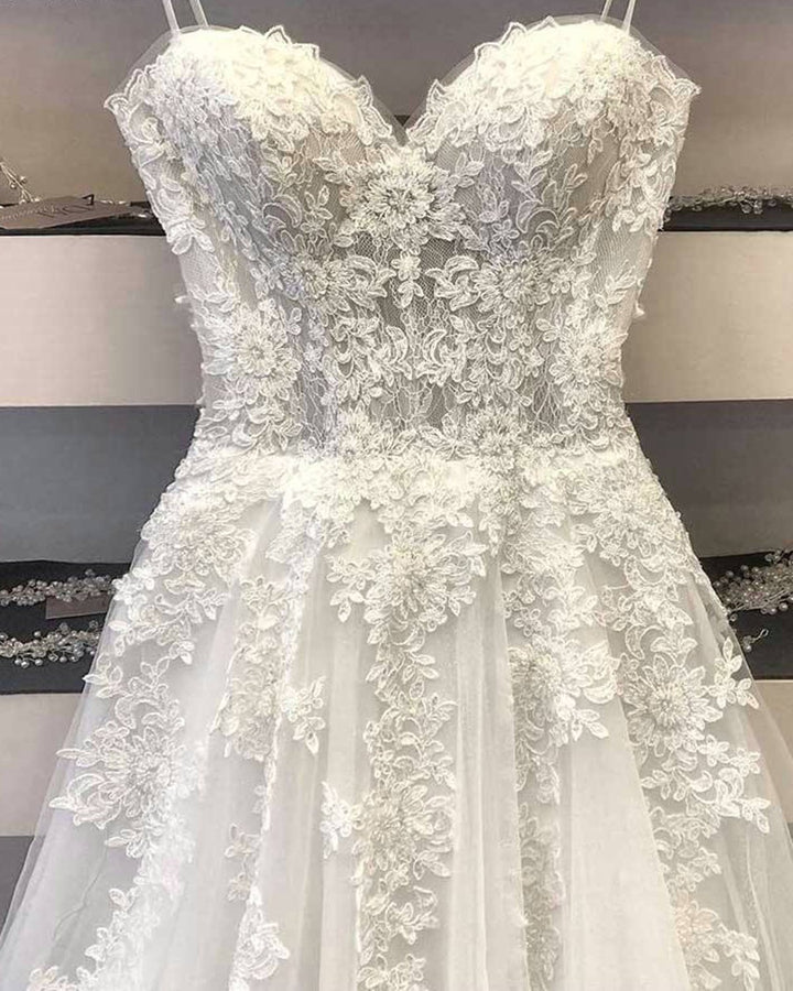 Bmbride Princess White Long Formal Bridal Gown: A-Line Lace Wedding Dress