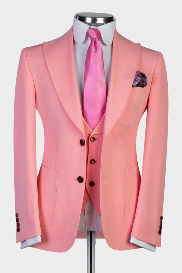 Koscy Pink Three-Piece Peaked Lapel Wedding Suit for Groom