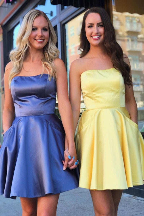 Koscy A-Line Strapless Satin Homecoming Dress with Pockets