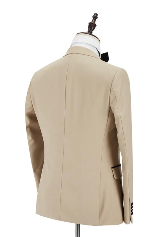 Koscy Fashionable Champagne Velvet Suit with Black Peak Lapel for Men