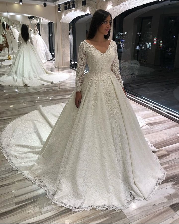 Bmbride Vintage A-line Deep V-neck Long Sleeve Appliques Lace Floor-length Wedding Dress