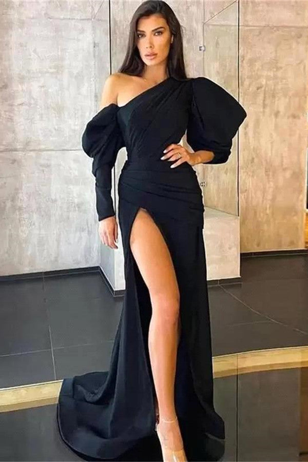 Long Sleeve Black Mermaid Evening Dress With Split