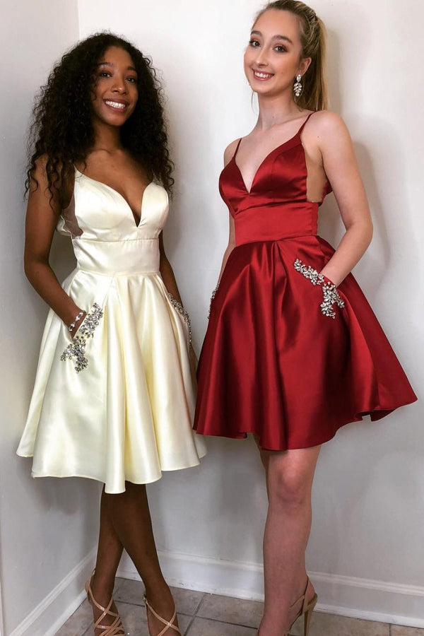 Koscy A-line Spaghetti Straps Satin Homecoming Dress with Pockets