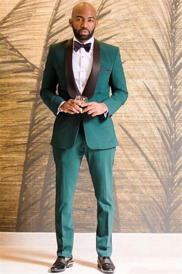 Koscy Fashionable Black Shawl Lapel Wedding Suit in Dark Green for Groom with One Button