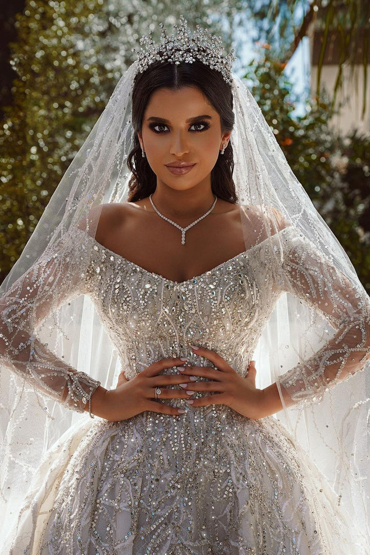 Bmbride Exquisite Sequin Long Sleeve Satin Ball Gown Bridal Dress