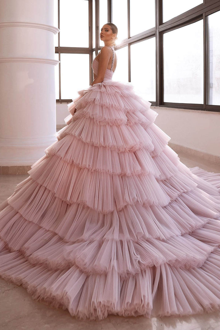 Pink Deep V-Neck Sleeveless Prom Dress with Crystal-Embellished Tulle Layers
