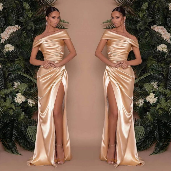 Off The Shoulder Charmeuse Prom Dress Split Mermaid Champagne