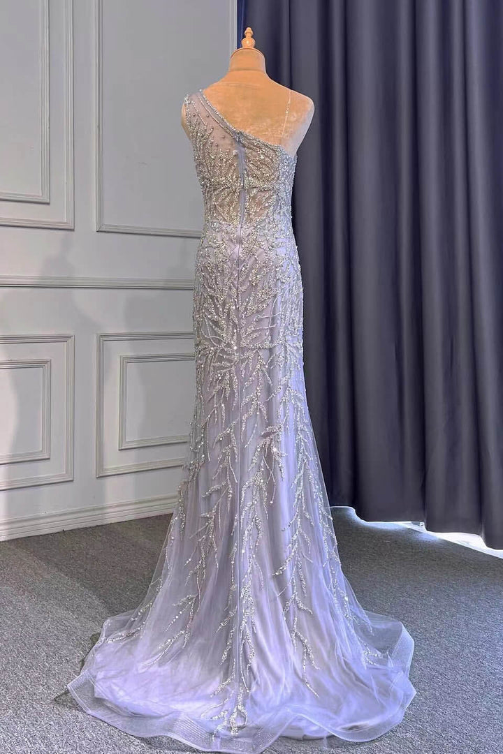 Light Purple Front Split Mermaid Beads One-Shoulder Prom Dress With Long Ruffles Appliques