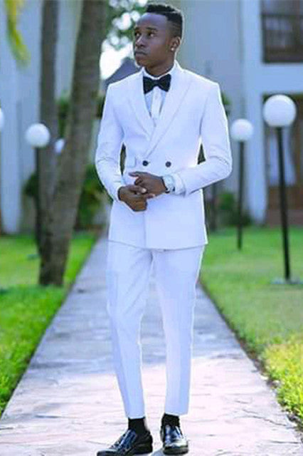 Koscy Stylish Double-Breasted White Wedding Suit with Peaked Lapel for Men