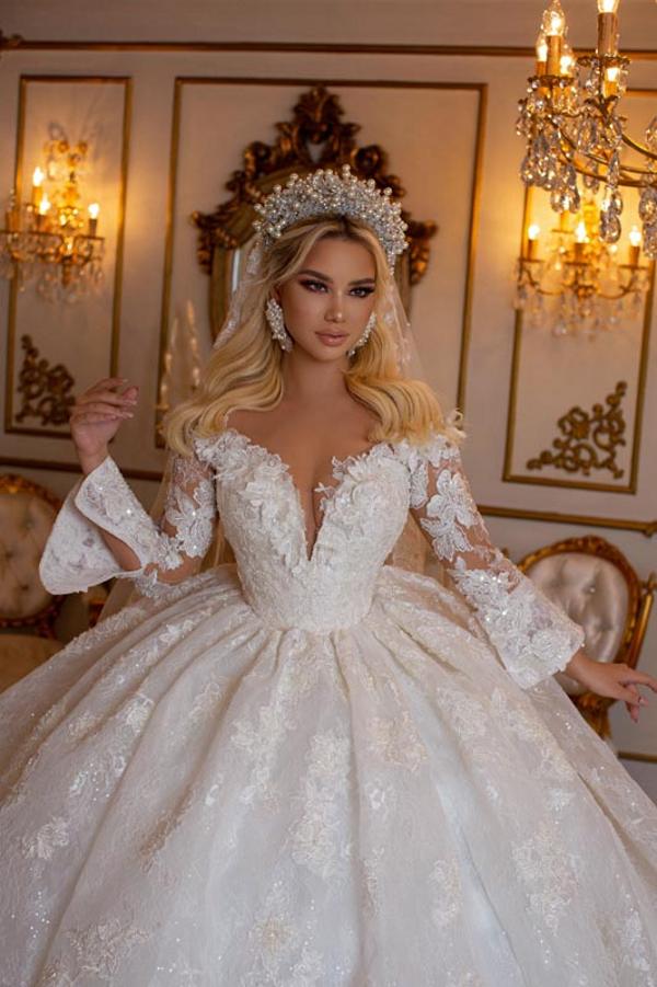 Bmbride Elegant V-Neck Long Sleeves Sweetheart Floor Length Ball Gown Wedding Dress with Appliques