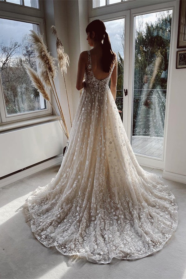 Bmbride Elegant Long A-line V-neck Tulle Lace Backless Bridal Gowns
