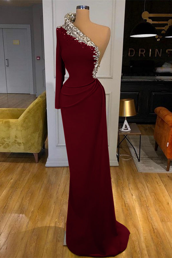 Green One-Shoulder Mermaid Prom Dress With Beadings Long Sleeves