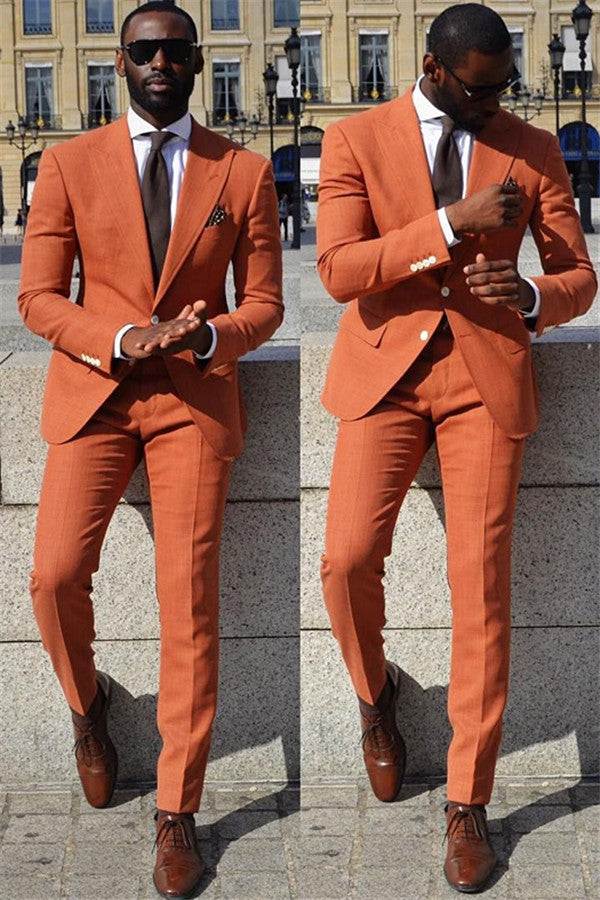 Koscy New Arrival Casual Orange Wedding Suit with Peaked Lapel for Groom and Groomsmen