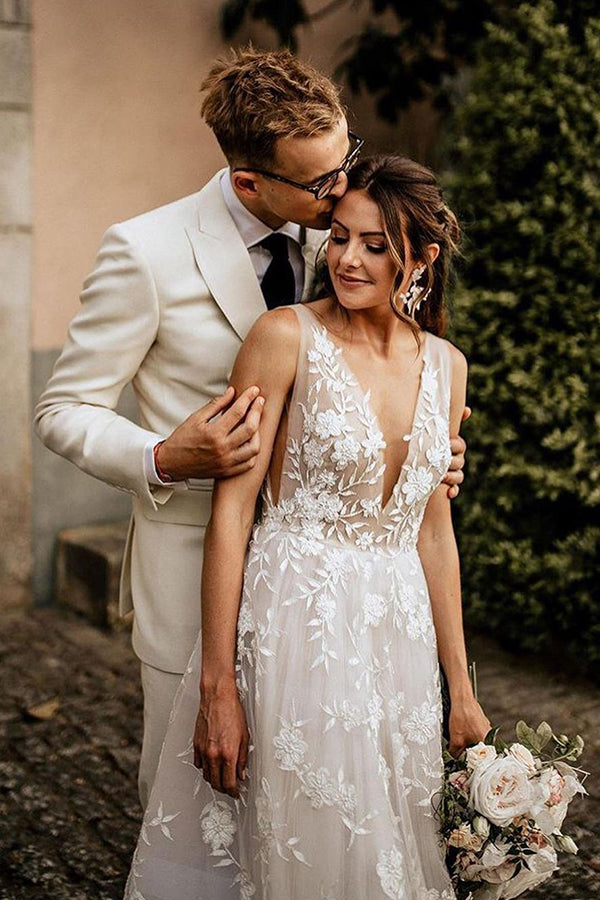 Bmbride BC5797 Straps V-neck Appliques A-line Boho Wedding Dress