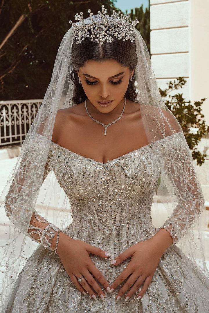 Bmbride Exquisite Sequin Long Sleeve Satin Ball Gown Bridal Dress