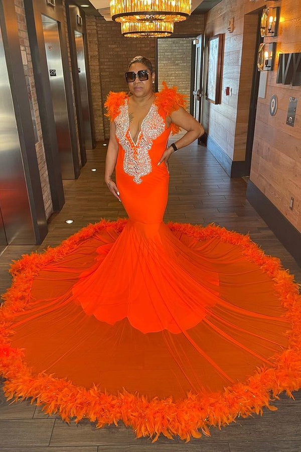 Orange Long Mermaid Evening Dress with Appliques and Feather