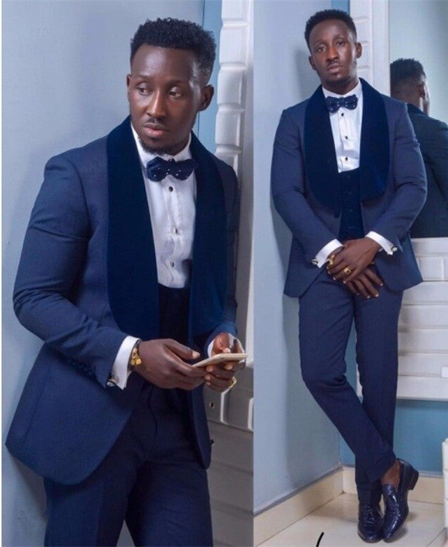 Koscy Modern Dark Navy Shawl Lapel Easy Fit Wedding Suit