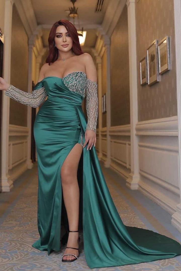 Emerald Vintage Long Sleeves Mermaid Off-The-Shoulder Prom Dress with Beadings and Split