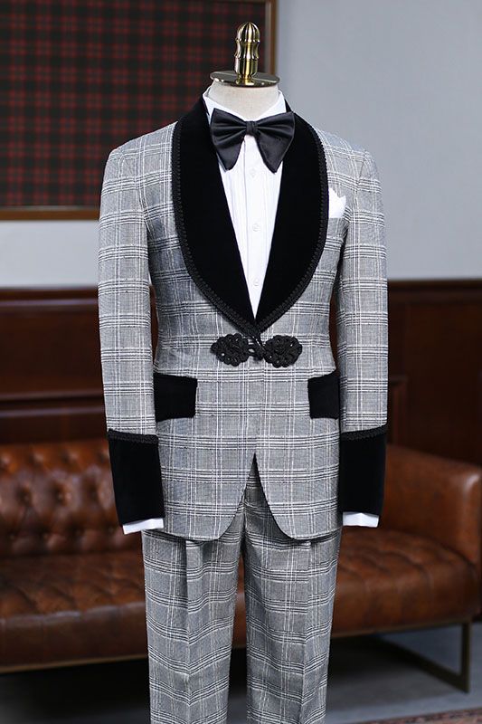 Koscy Steward Gray Plaid Knitted Button Wedding Suit for Bridegrooms