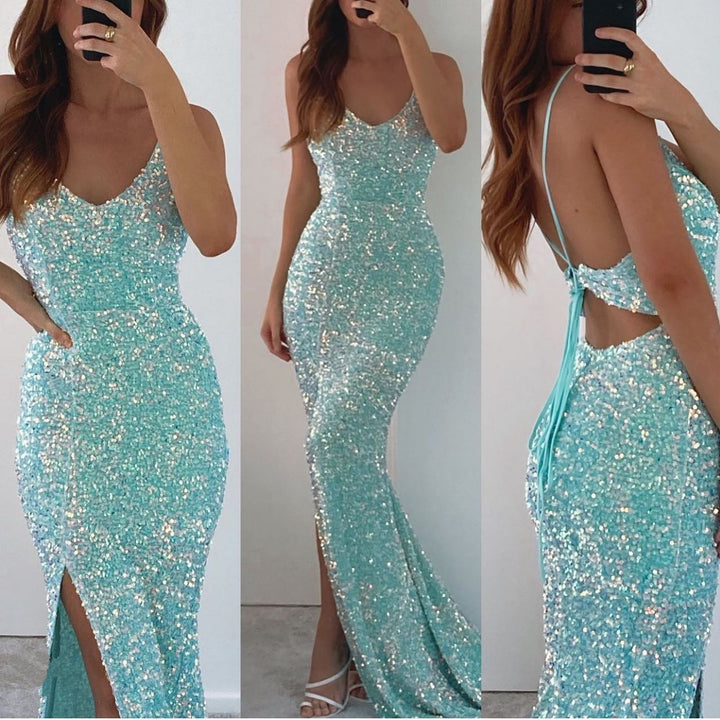 Long Mermaid Prom Dress with Sequins V-Neck and Spaghetti Straps