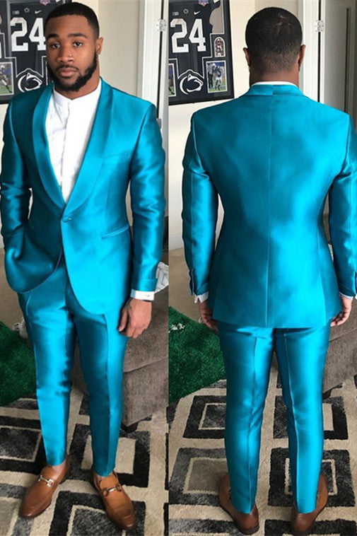 Koscy New Sparkly Blue One-Button Reception Suit for Groom with Shawl Lapel