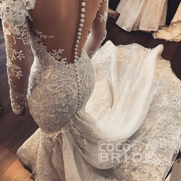 Bmbride Illusion Long Sleeves Tulle Appliques Beach Wedding Dress