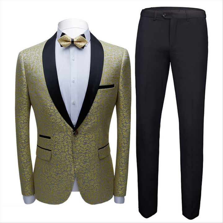 Koscy Gentle Black Shawl Lapel One-Button Jacquard Wedding Suit