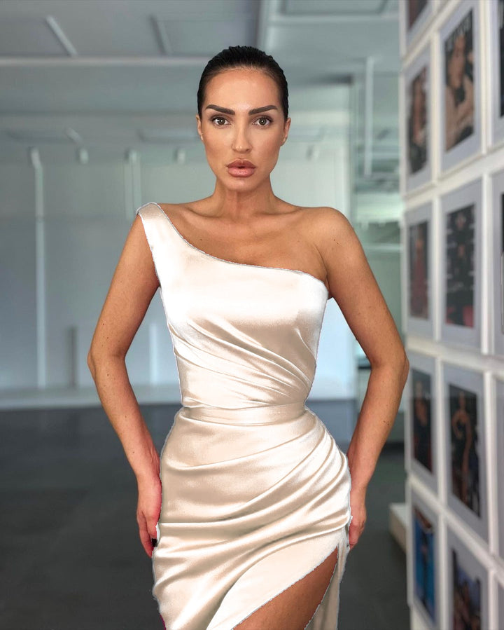 One Shoulder Sleeveless Rose Evening Dress With Slit