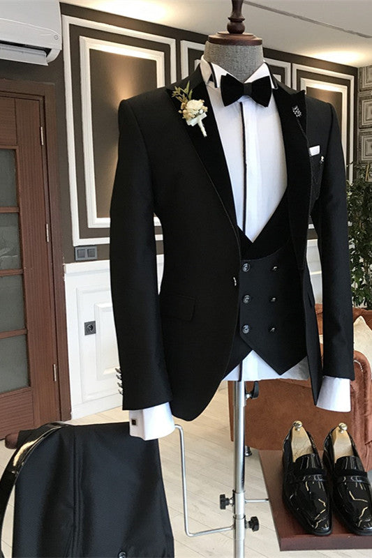 Koscy Three-Piece Black Summer Wedding Suit for Groom with Peaked Lapel