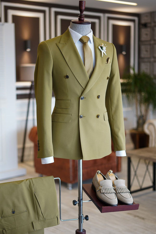 Koscy Green Double-Breasted Suit with Peaked Lapel for Men 2024