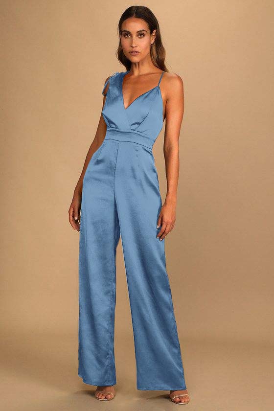 Koscy Retro Emerald Green Satin Asymmetrical Wide-Leg Jump Suit
