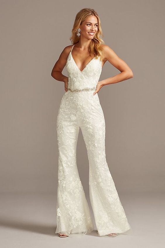 Koscy Elegant Floral Overlay Lace Spaghetti Strap Flare Leg Wedding Jump Suit