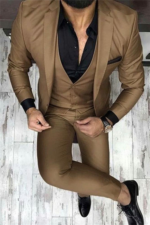 Koscy Chocolate Brown Classic Business Three-Piece Prom Suit for Men