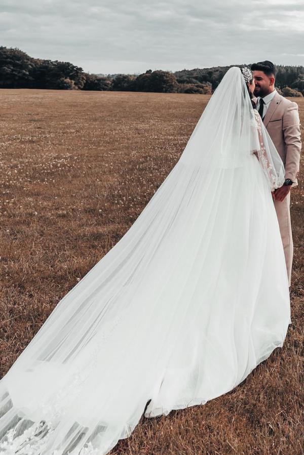 Bmbride Modest Boho Long A-line Illusion Neck Tulle Wedding Dress with Sleeves